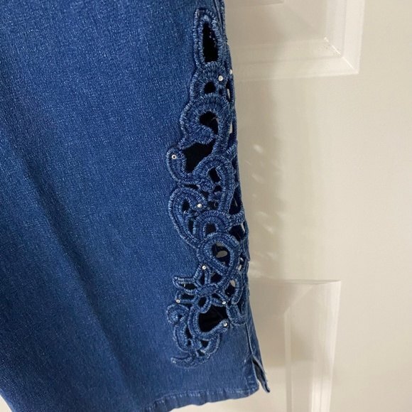 Women's Variation Capris Denim Pants. Blue. Large. Decorated Cutouts Each Side. - Picture 3 of 10